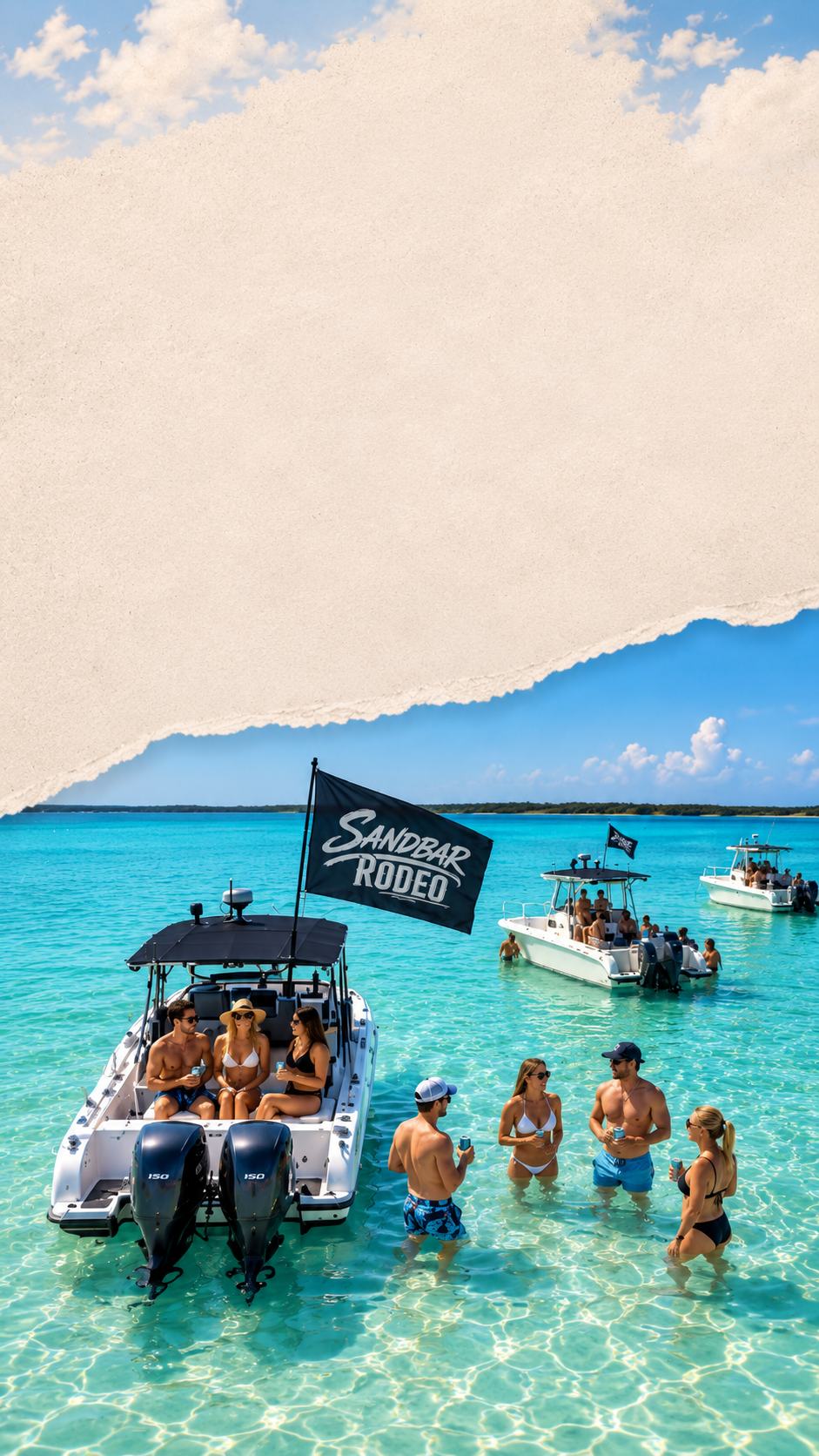 Boats rafted up on a shallow sandbar with Sandbar Rodeo flags flying