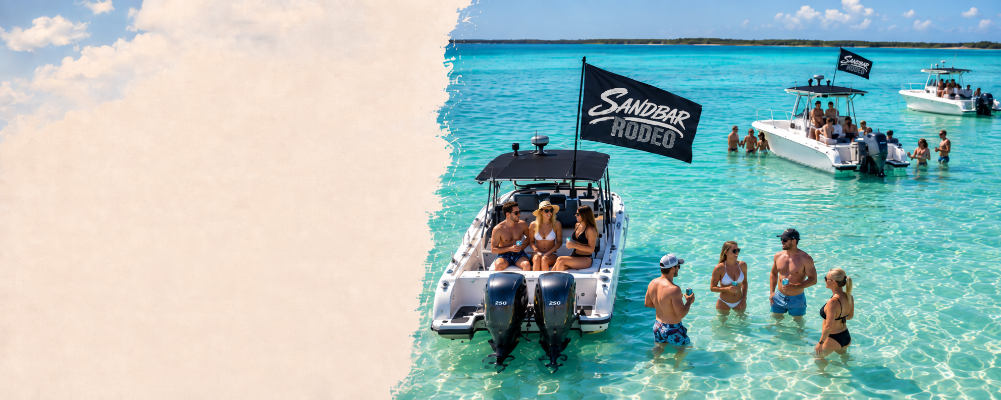 Boats rafted up on a shallow sandbar with Sandbar Rodeo flags flying