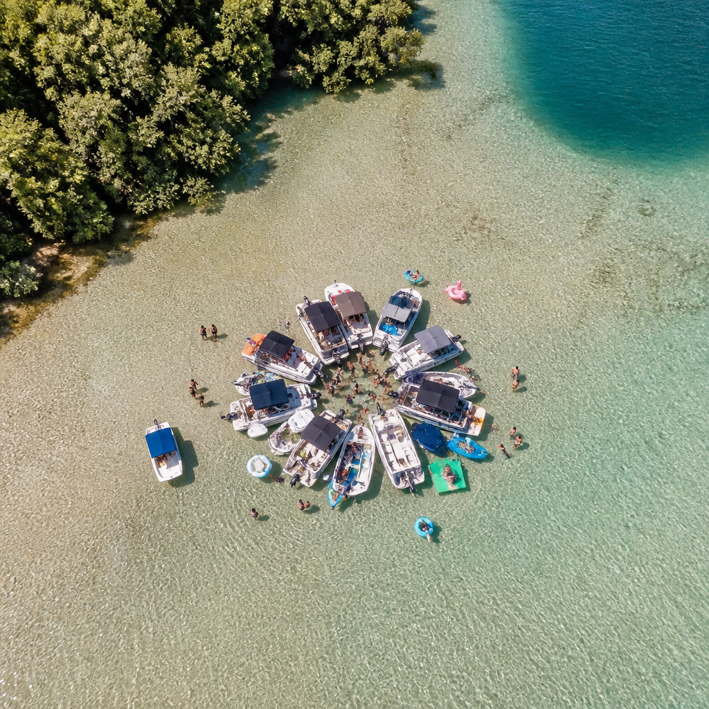 Aerial view of boats rafted together on a turquoise sandbar