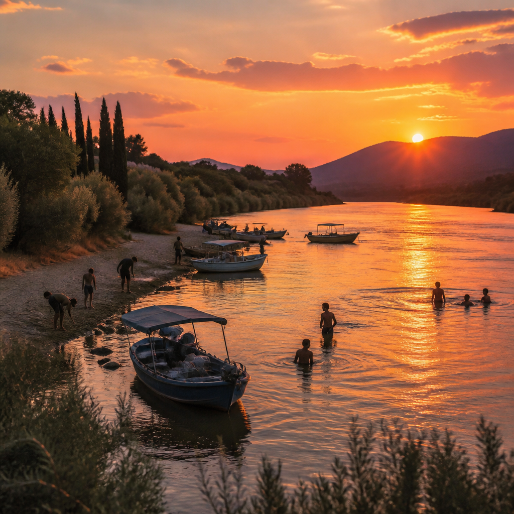 Sunset over the river with boats tied up