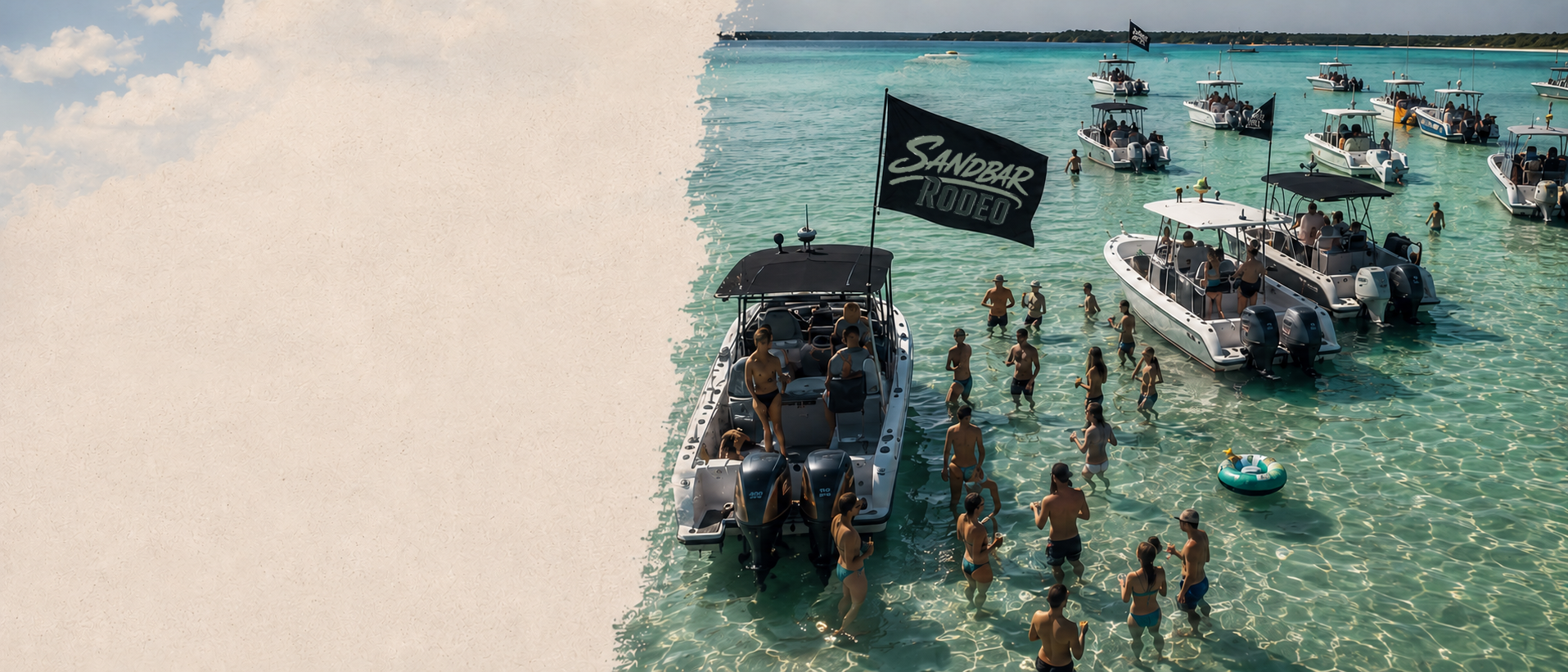 Boats rafted up on a shallow sandbar with Sandbar Rodeo flags flying