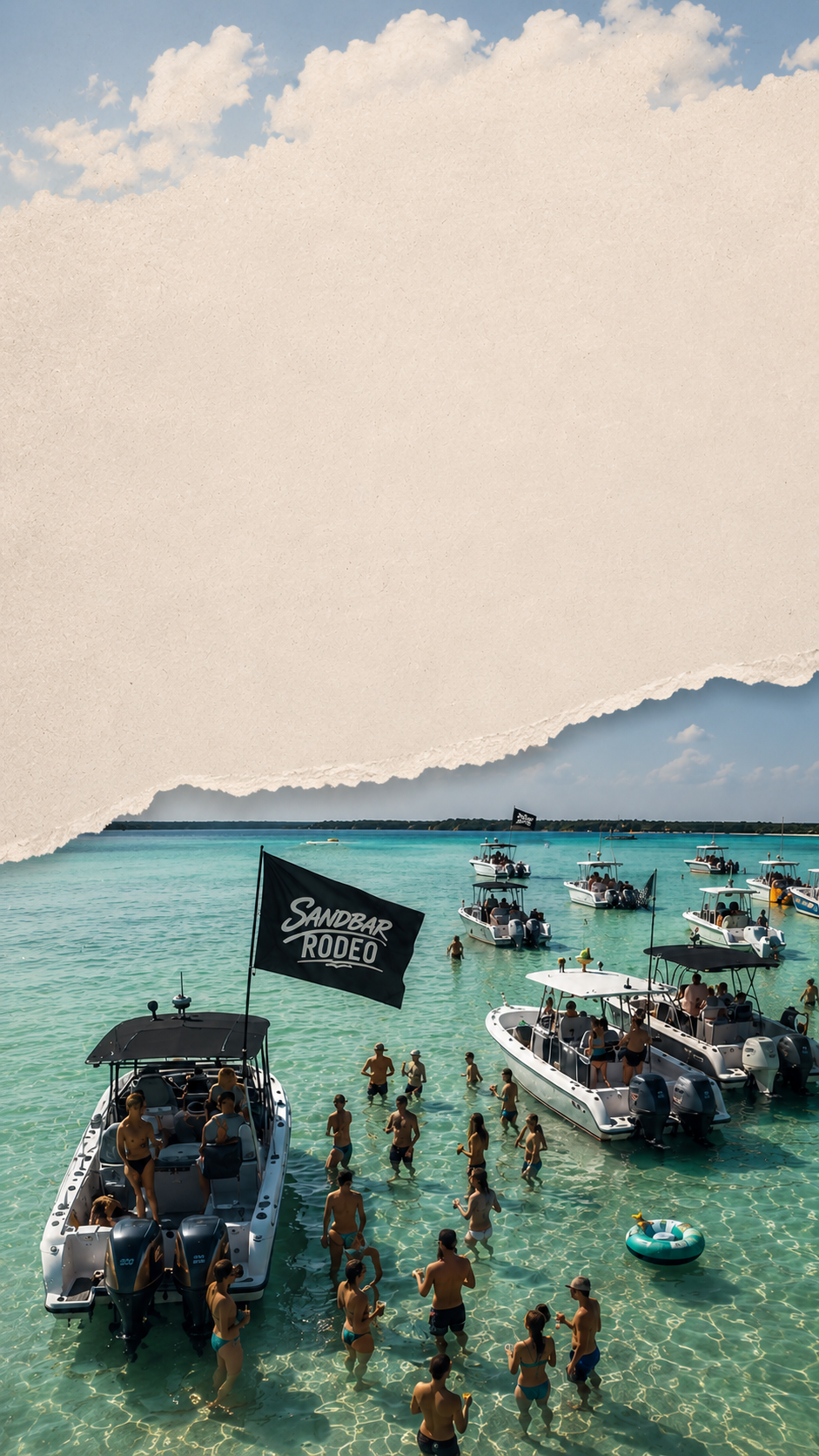 Boats rafted up on a shallow sandbar with Sandbar Rodeo flags flying