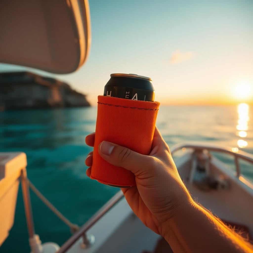 Cold drink in a rust koozie held over turquoise water at sunset