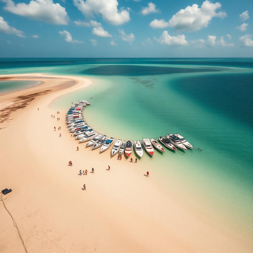 Aerial view of boats lined up along a curved sandbar beach
